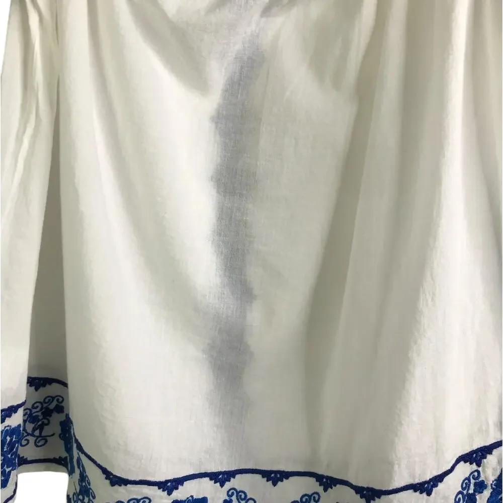 Love Sam Wns Boho Top White One Sz Embroidered Blue Floral‎ Elastic Off Shoulder